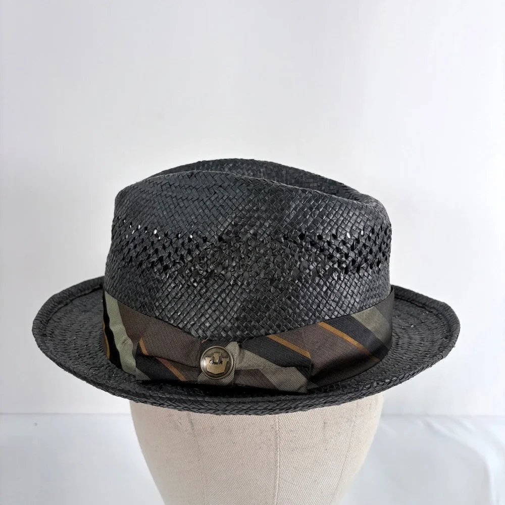 Goorin Bros Fedora Hat Black Woven Straw Striped Band Logo Pin Mens Medium
